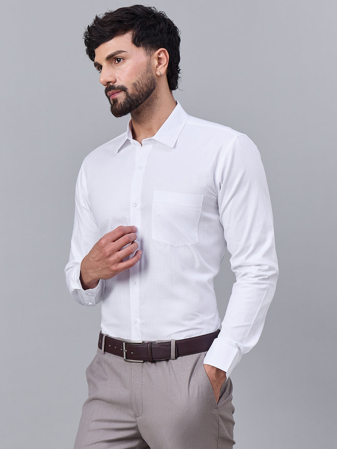 Men Premium White Satin Subtle Geometric Self-Design Shirt