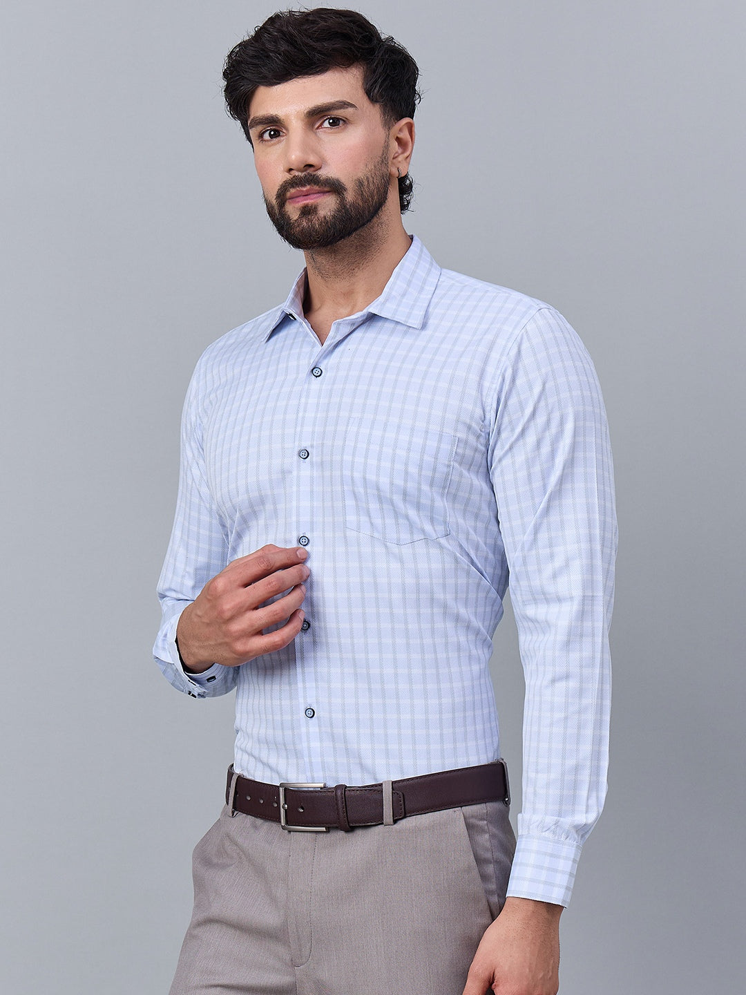 Men Sky Blue Micro-Checkered Cotton Shirt