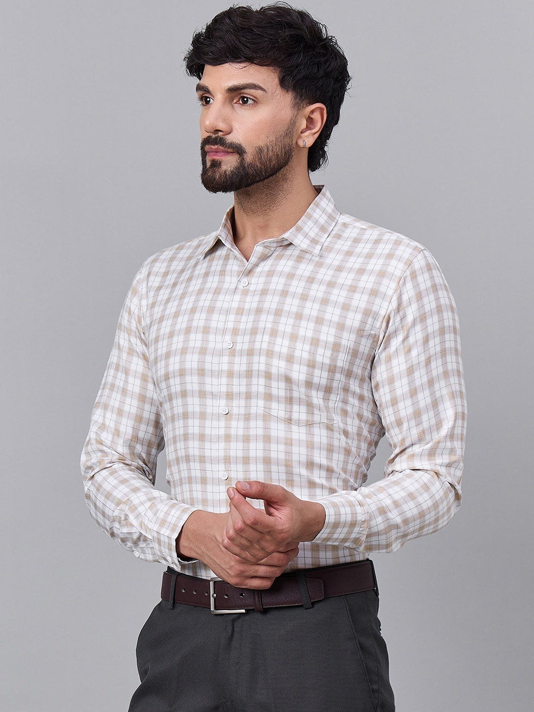 Men Beige &amp; White Soft Checkered Cotton Shirt