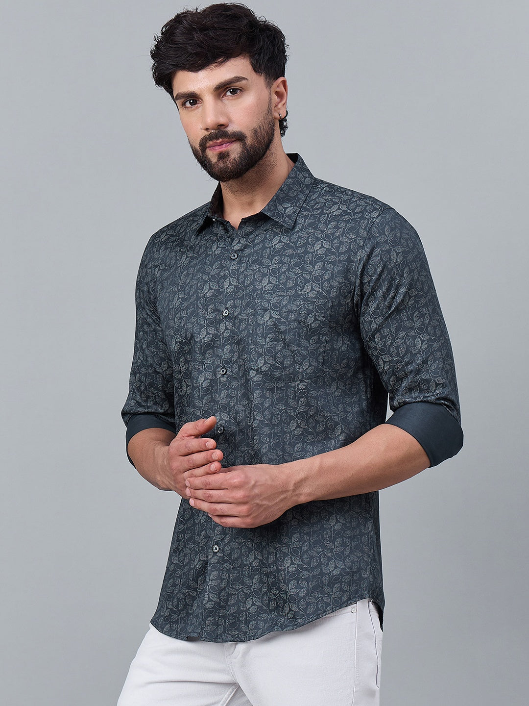 Men Slate Green Satin Shirt with Subtle Leaf Print