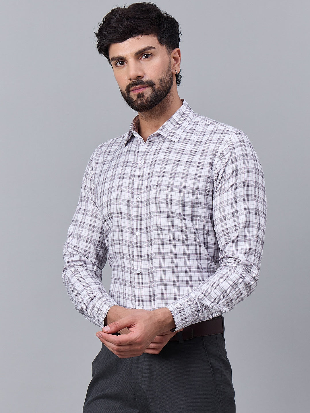 Mens Elegant White and Brown Checkered Shirt