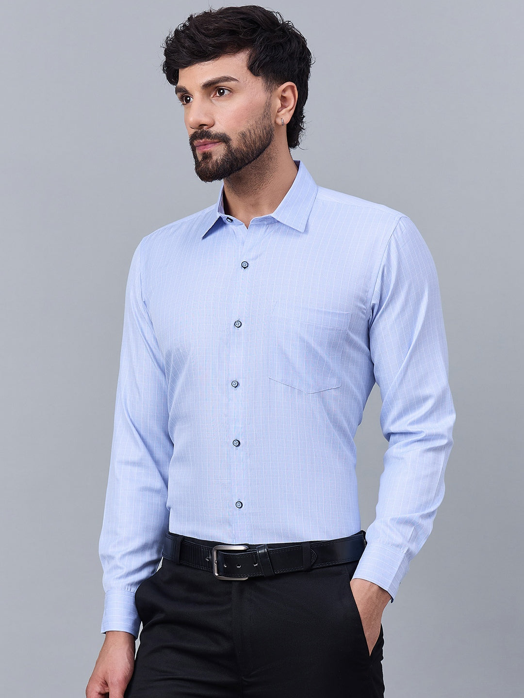 Light Blue Fine Check Formal Cotton Shirt for Men