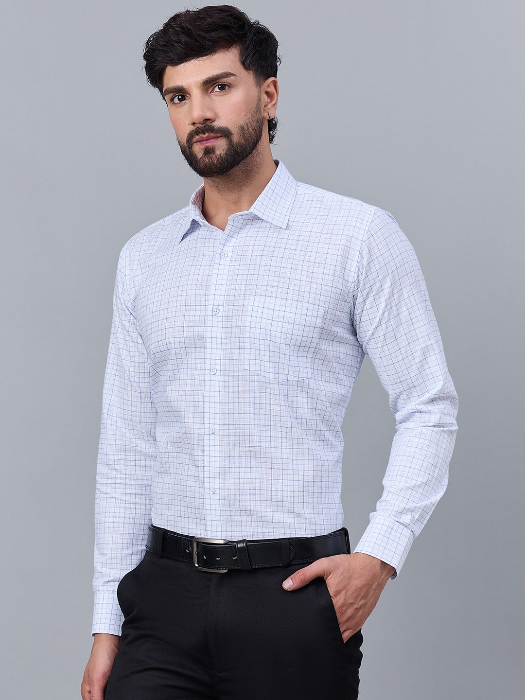 Classic White Slub Cotton Shirt with Blue Checks