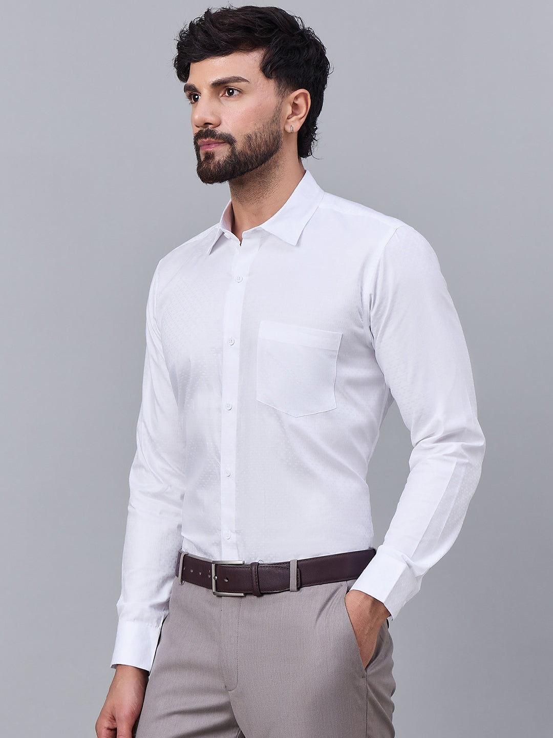 Men Elegant White Satin Self-Texture Formal Shirt