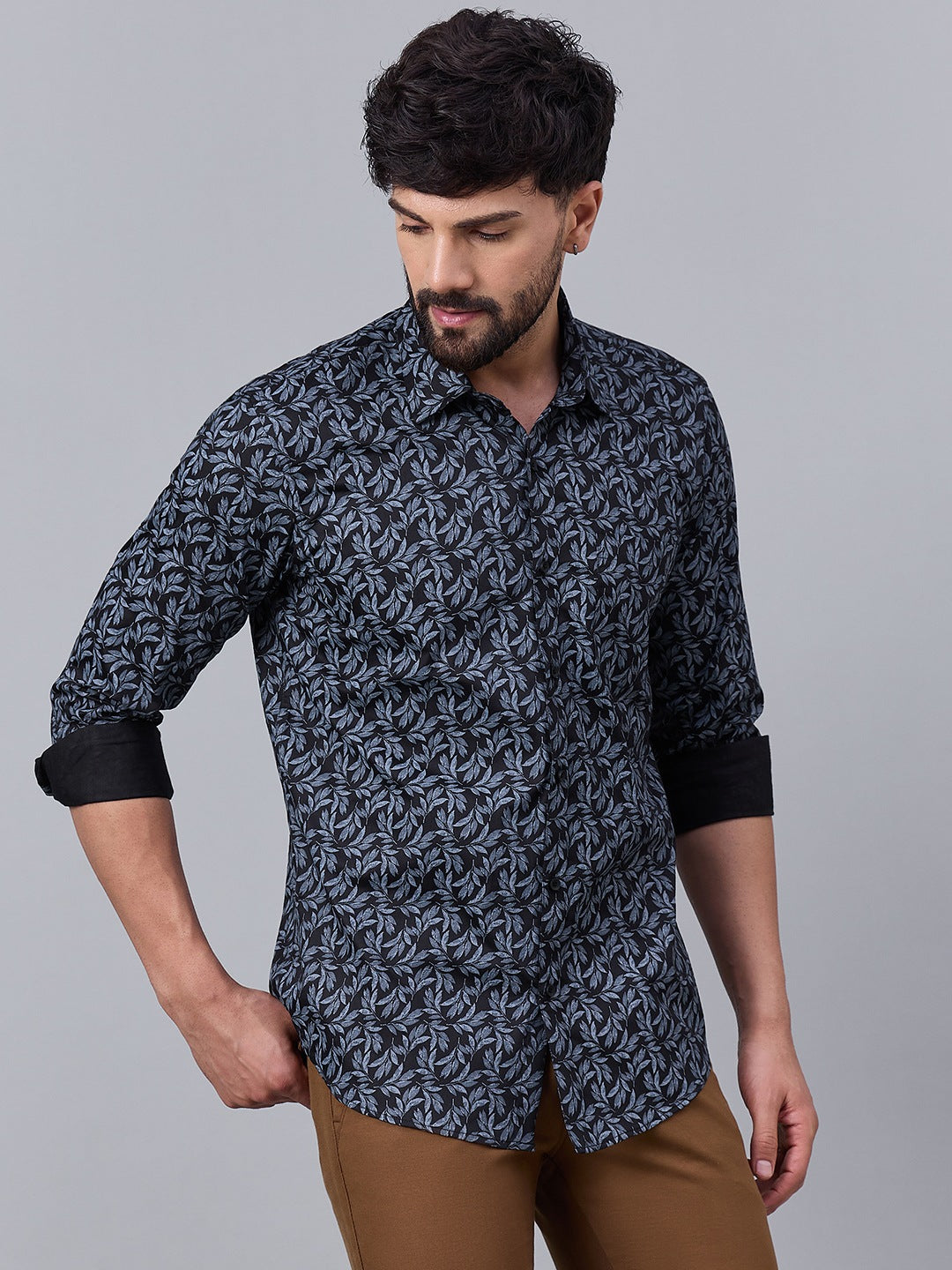 Black and Blue Cotton Leaf Print shirt