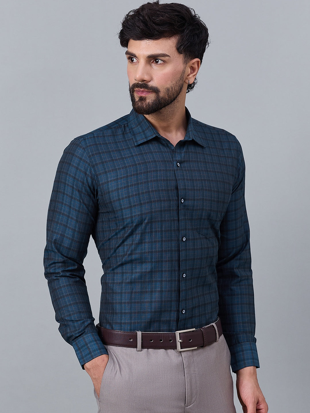 Men Navy Blue &amp; Black Micro-Checked Cotton Shirt