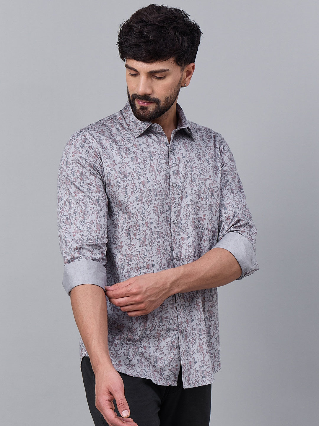 Men Subtle Pink and Grey Floral Cotton Shirt
