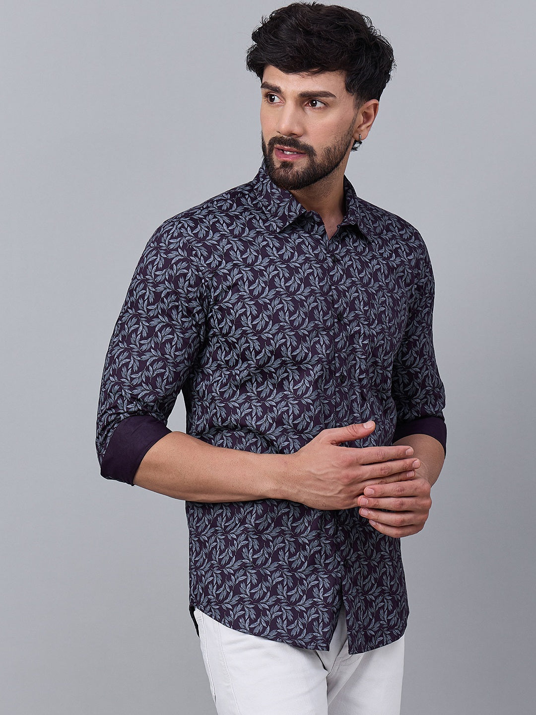 Men Deep Plum Cotton Leafy Print shirt