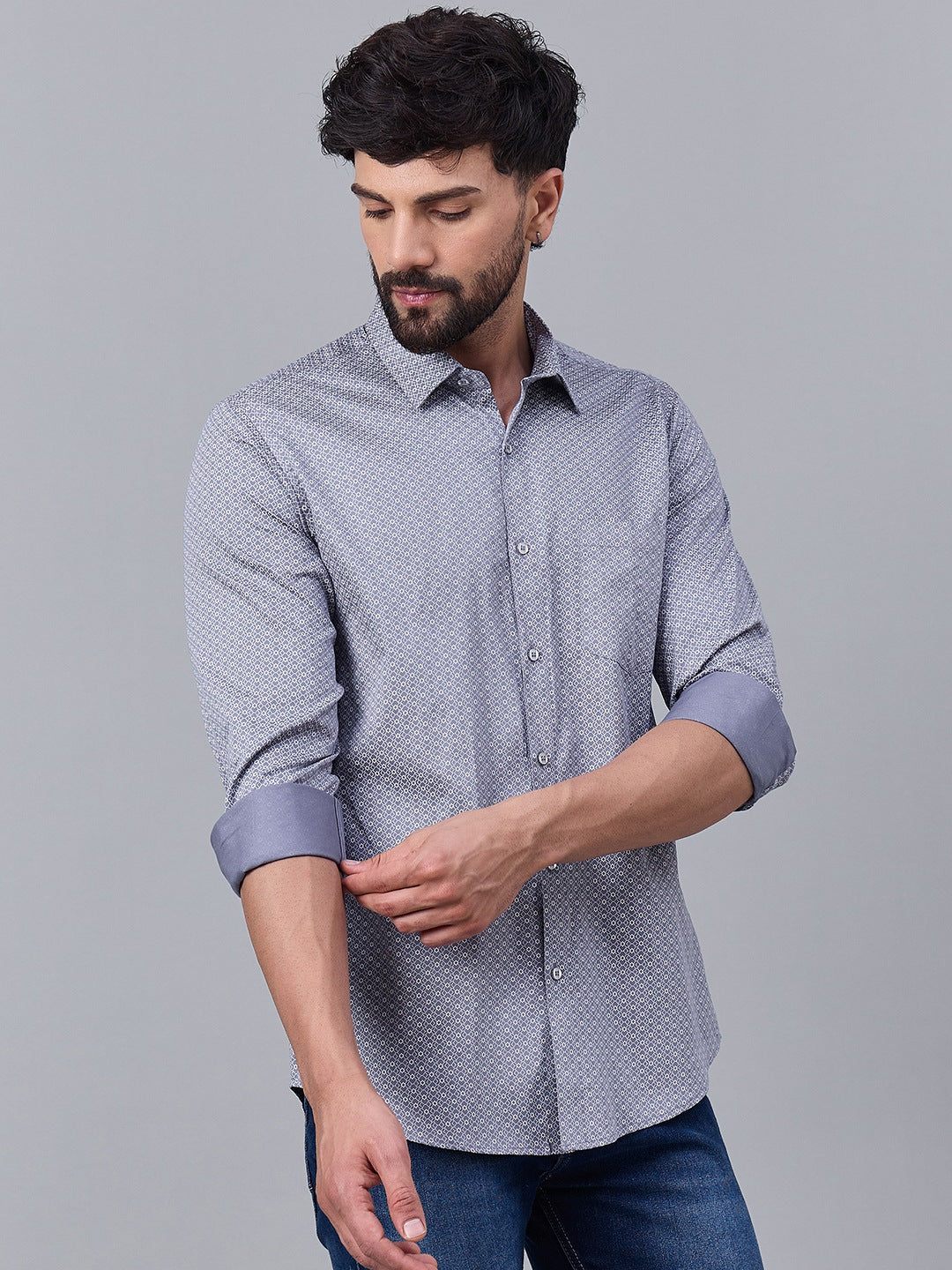Men Classic Grey Satin Micro Diamond Print shirt