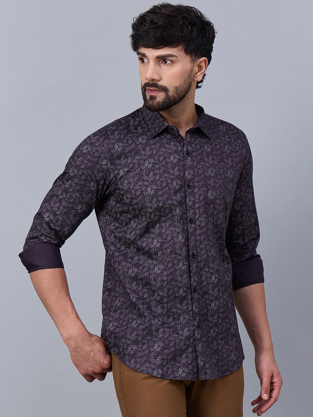 Men Deep Plum And Silver Leaf Pattern satin Shirt