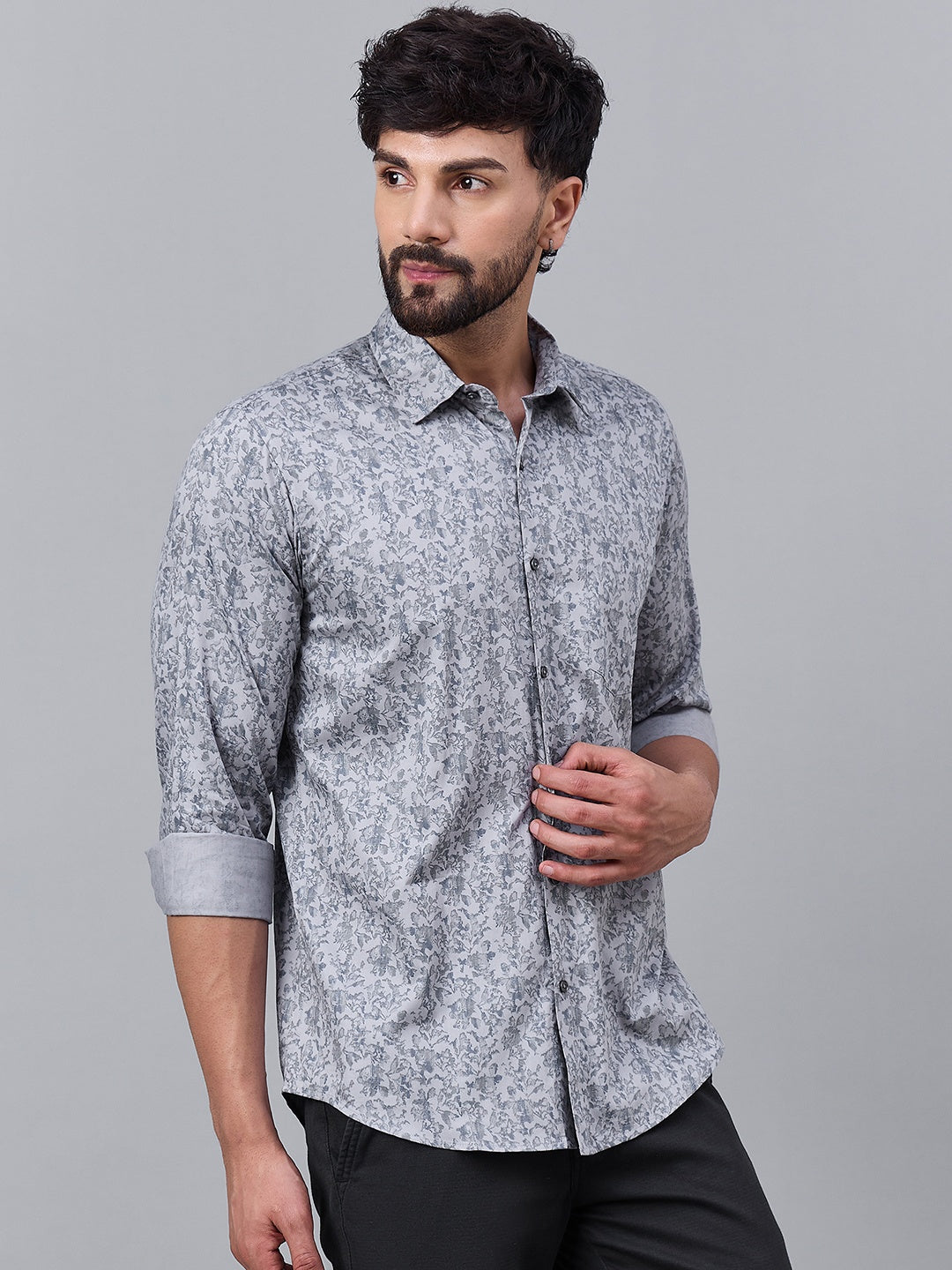 Men Grey Cotton Subtle Leafy Print Shirt