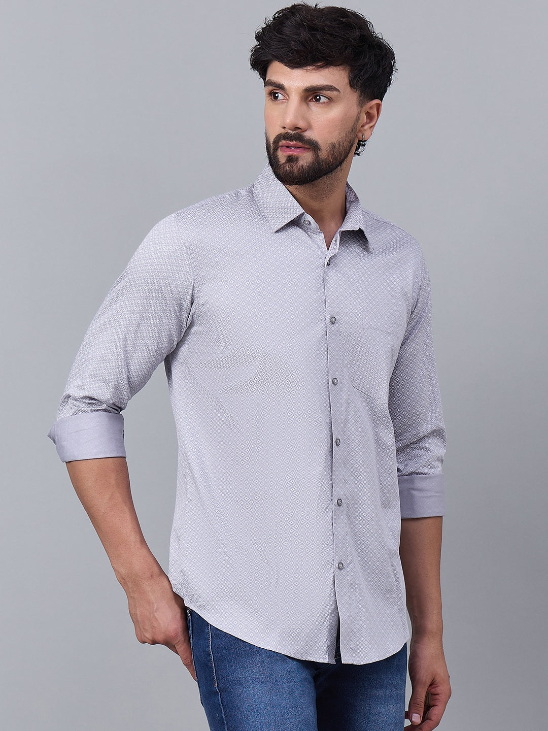 Elegant Grey Satin Printed Shirt with Geometric Pattern
