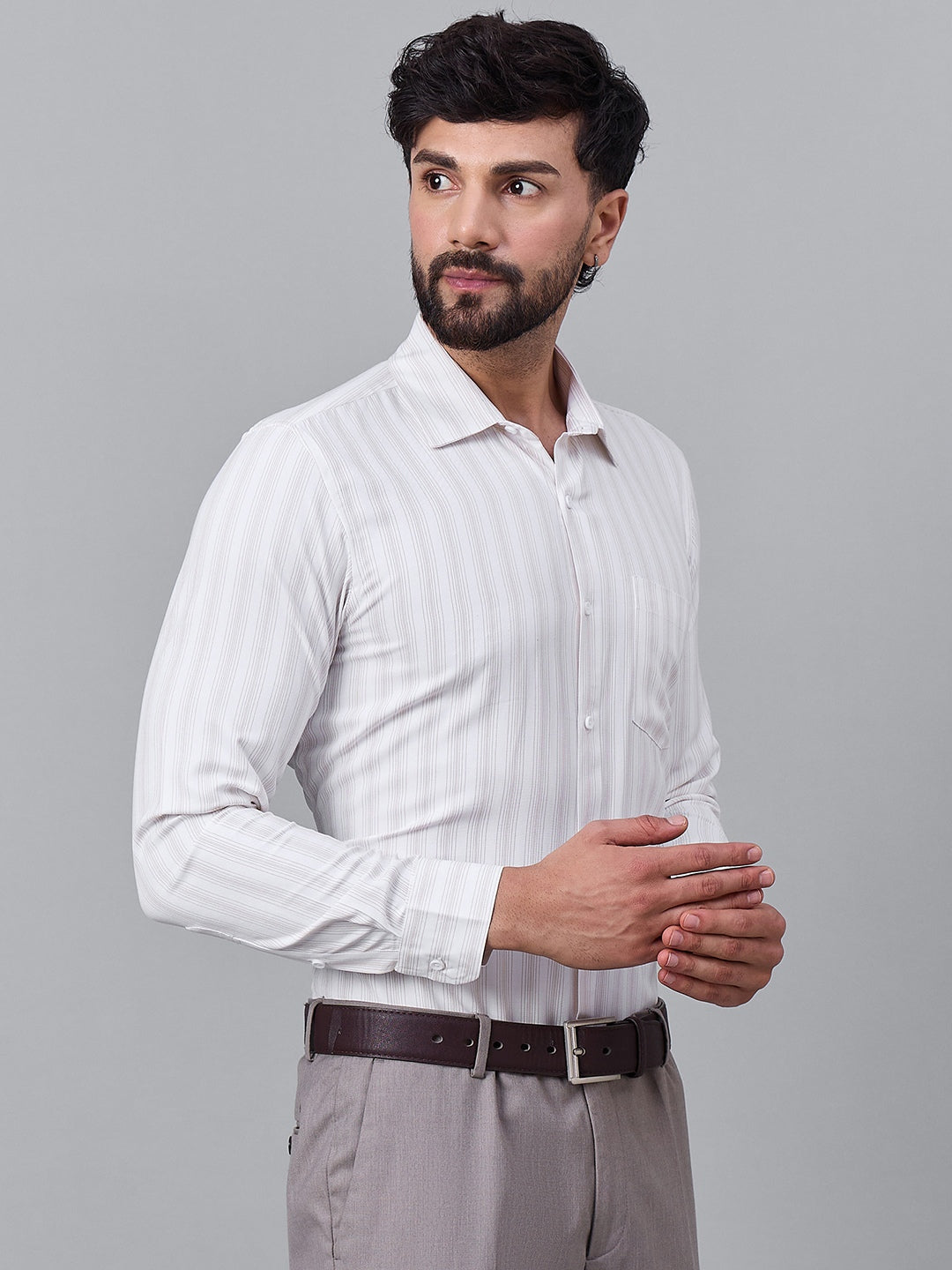 Elegant Cream And White Striped Satin Shirt for Men