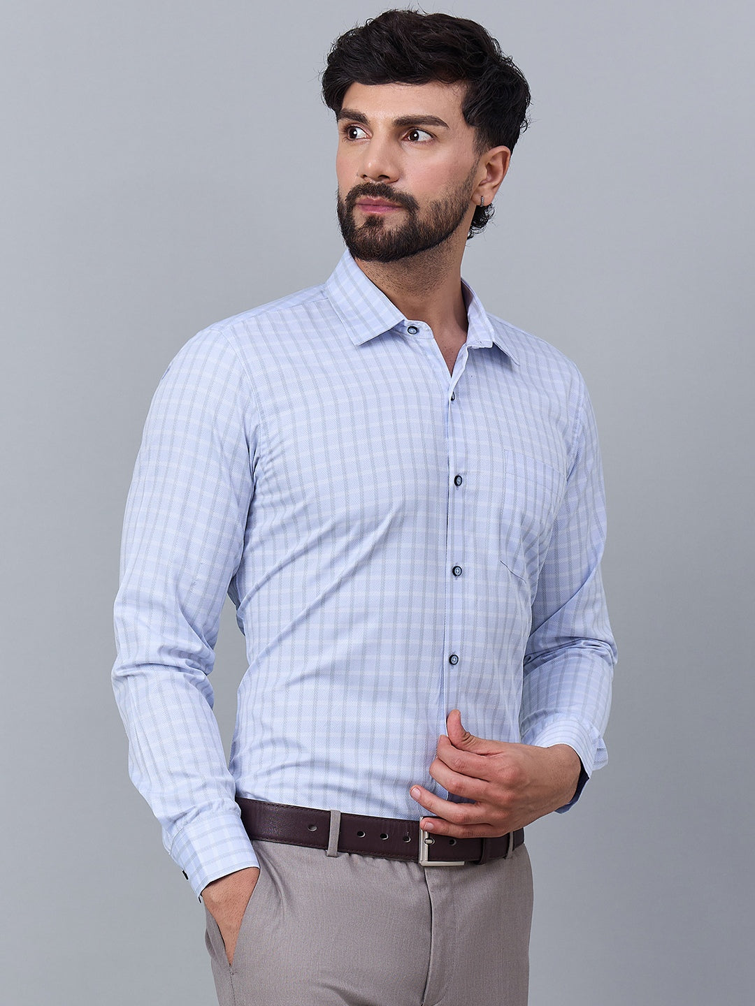 Men Sky Blue Micro-Checkered Cotton Shirt