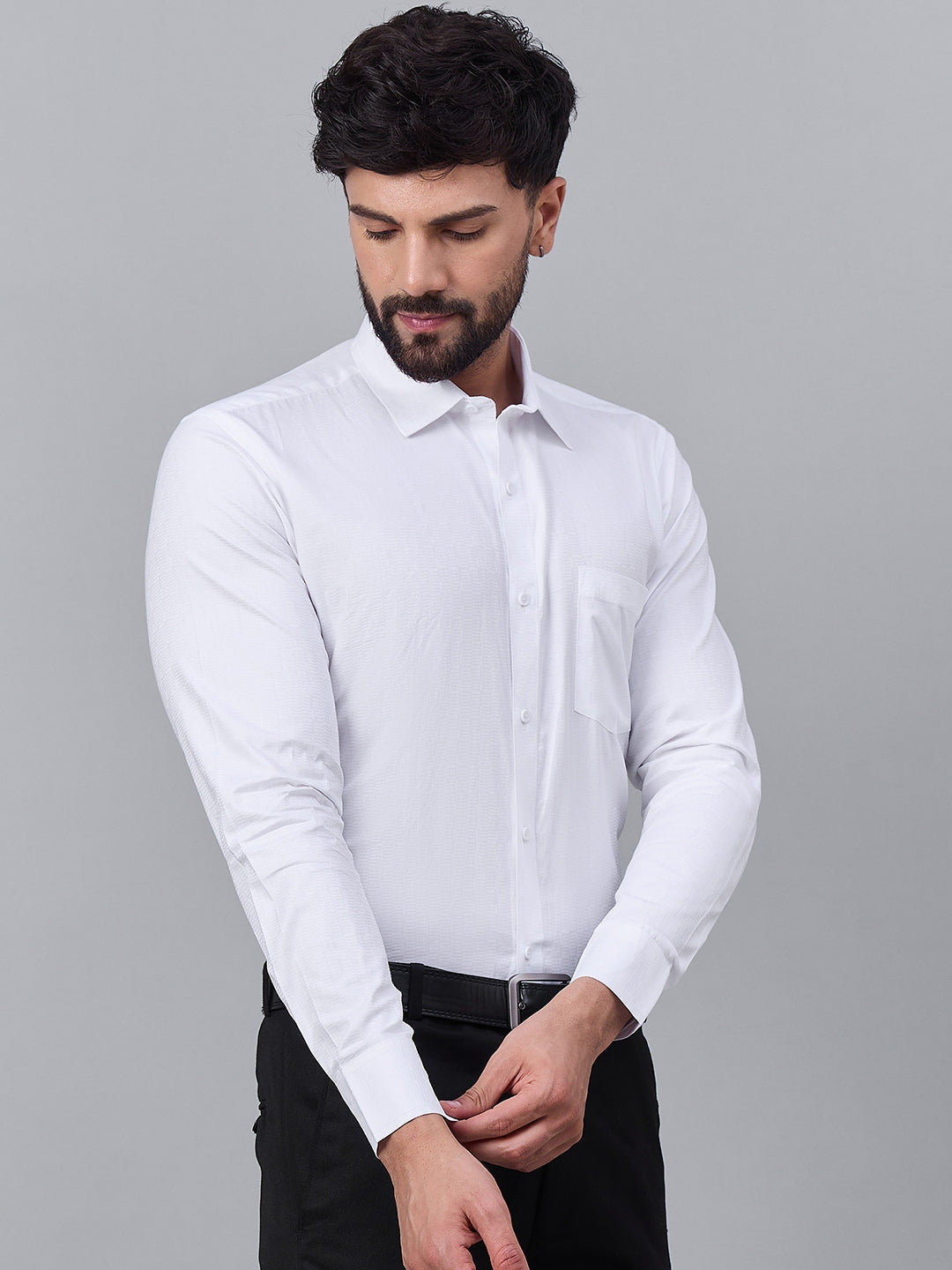 Men Classic White Textured Satin Shirt