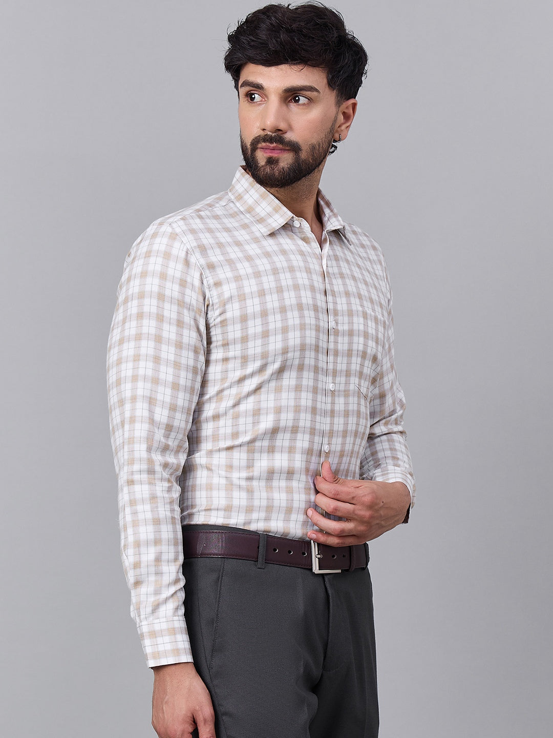 Men Beige &amp; White Soft Checkered Cotton Shirt