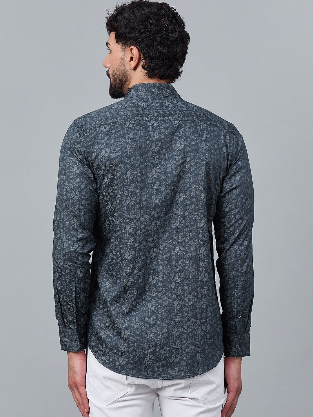 Men Slate Green Satin Shirt with Subtle Leaf Print