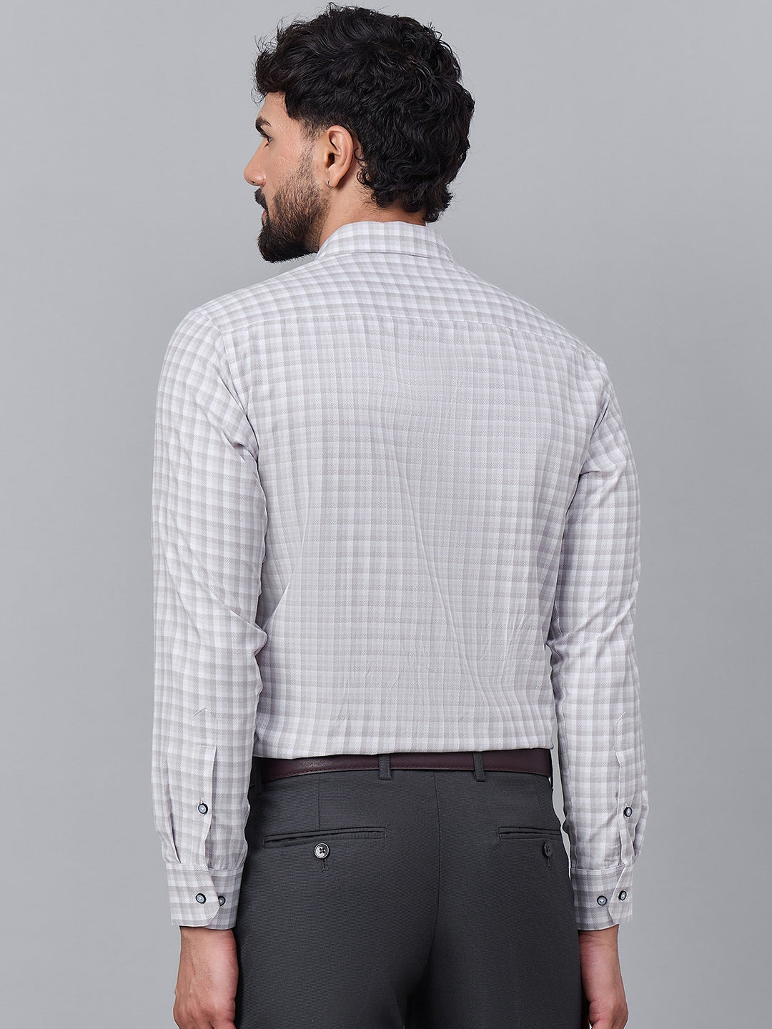 Men Light Grey and White Gingham Checked Cotton Shirt