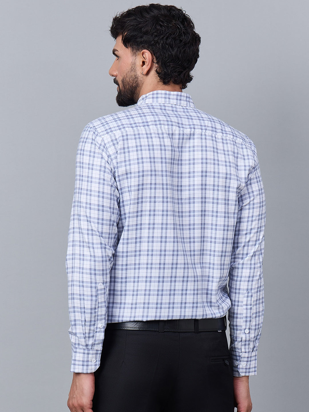 Men Classic White &amp; Blue Checked Slim Fit Cotton Shirt