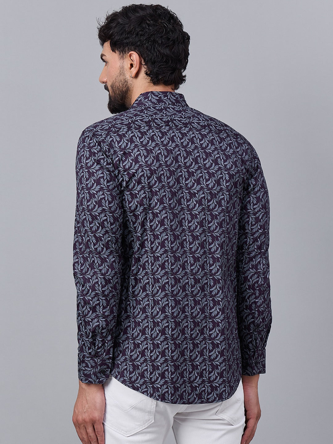 Men Deep Plum Cotton Leafy Print shirt