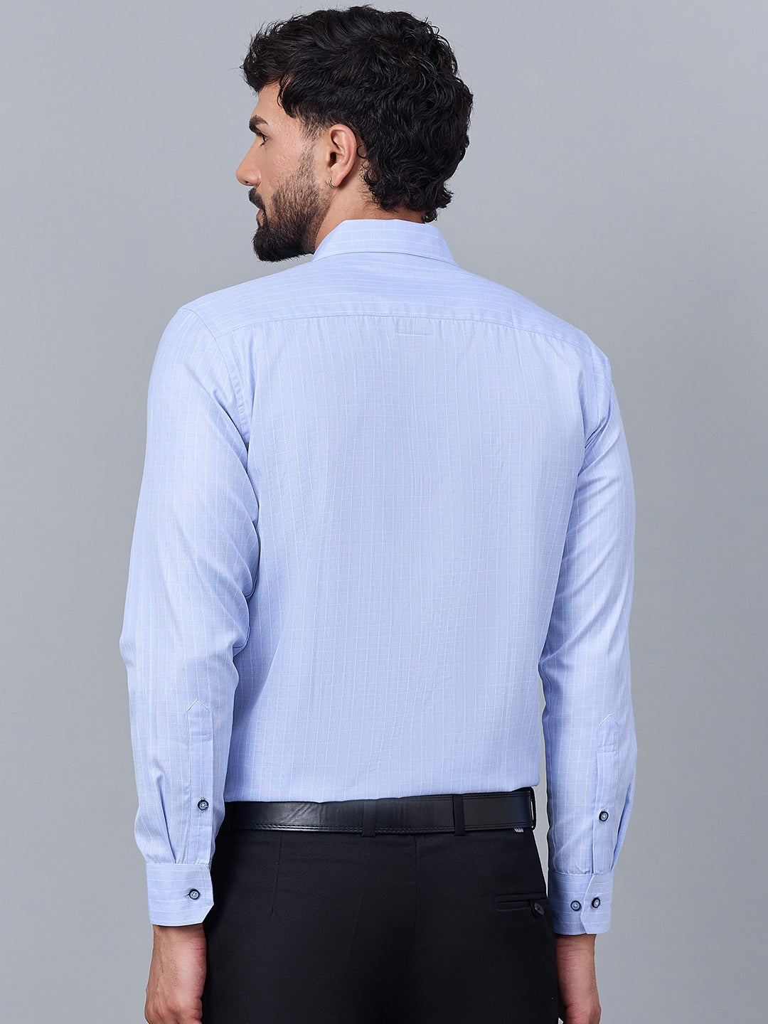Light Blue Fine Check Formal Cotton Shirt for Men