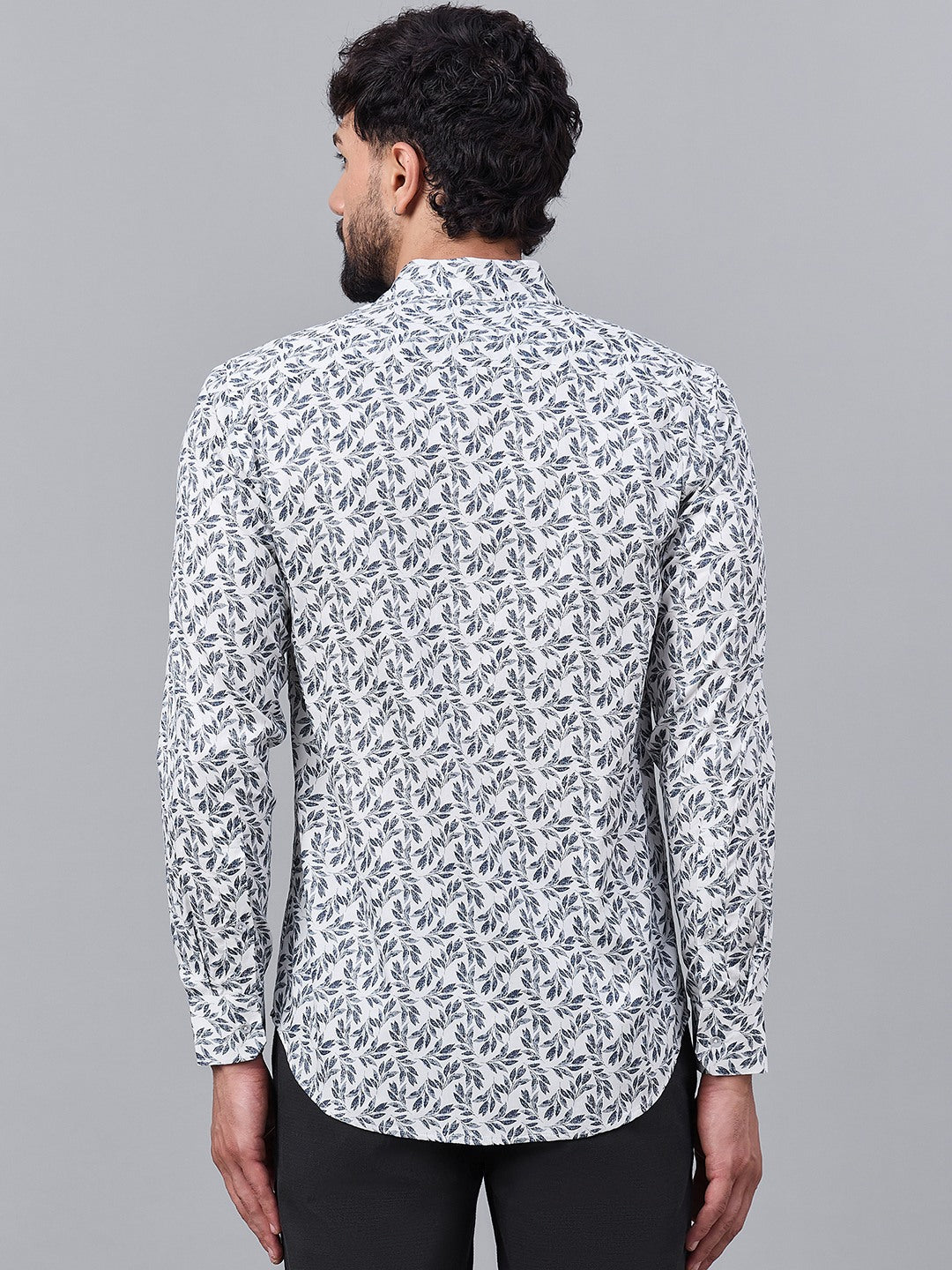 Men White Cotton Navy Leaf Printed shirt