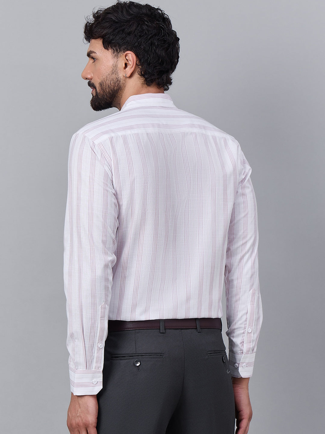 Men Elegant White &amp; Pink Vertical Striped Slub Cotton Shirt