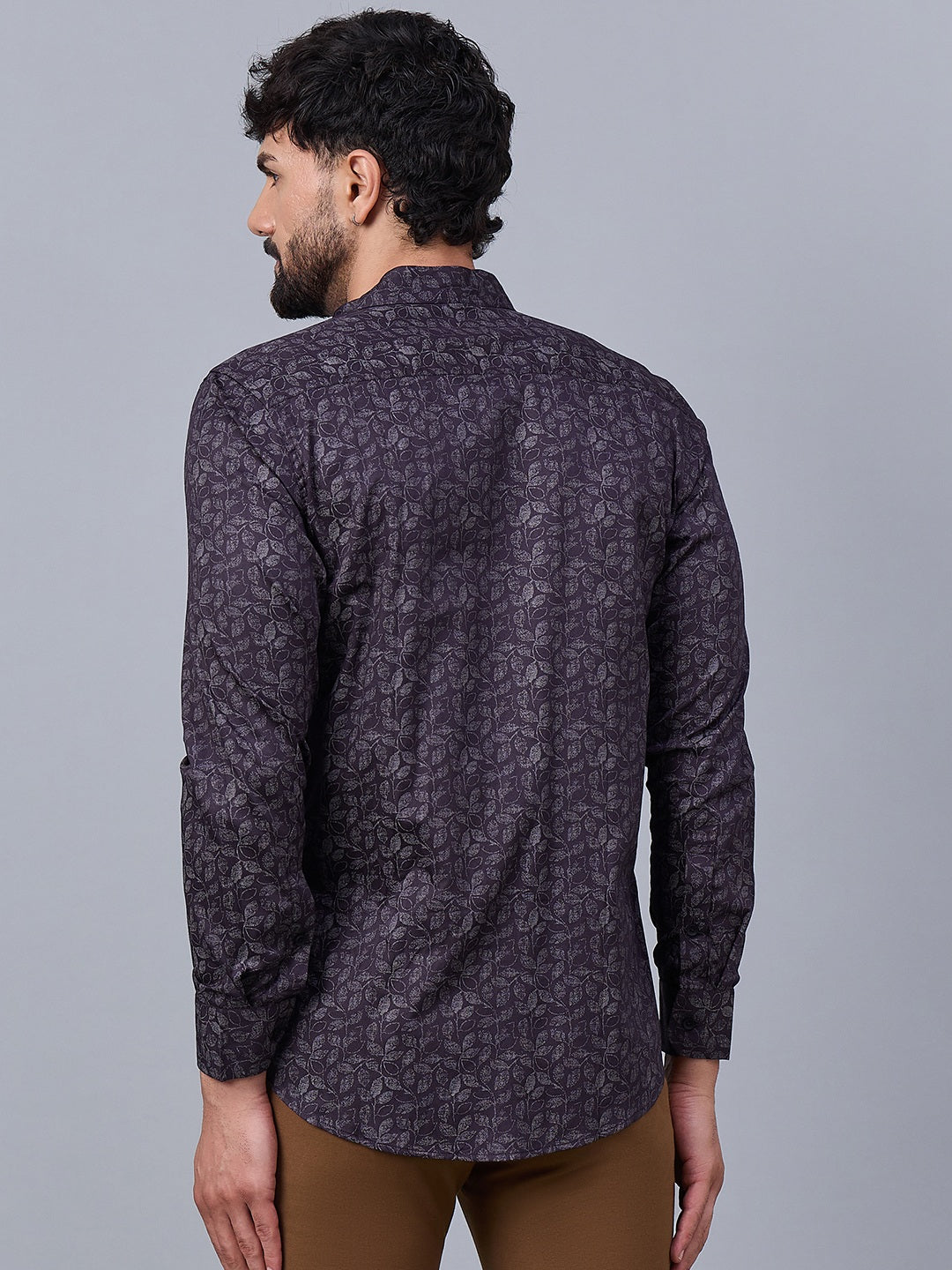 Men Deep Plum And Silver Leaf Pattern satin Shirt