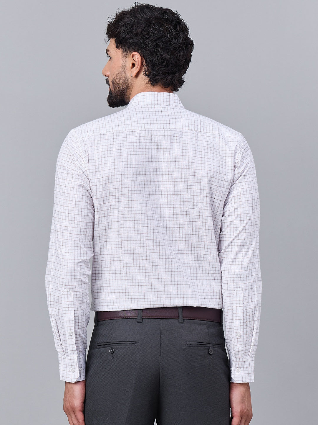 Men Elegant White Slub Cotton Shirt with Subtle Rust Checks