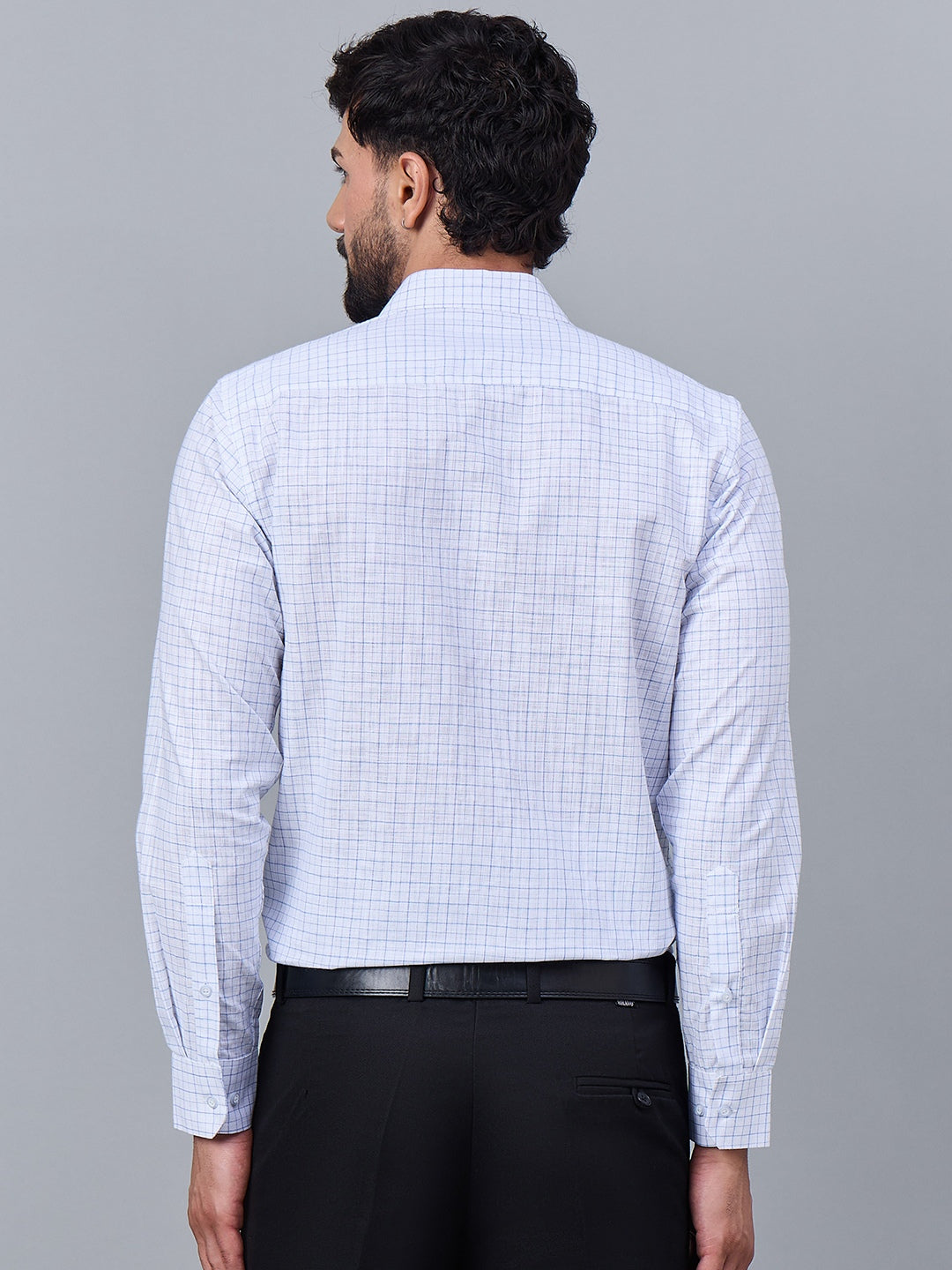 Classic White Slub Cotton Shirt with Blue Checks