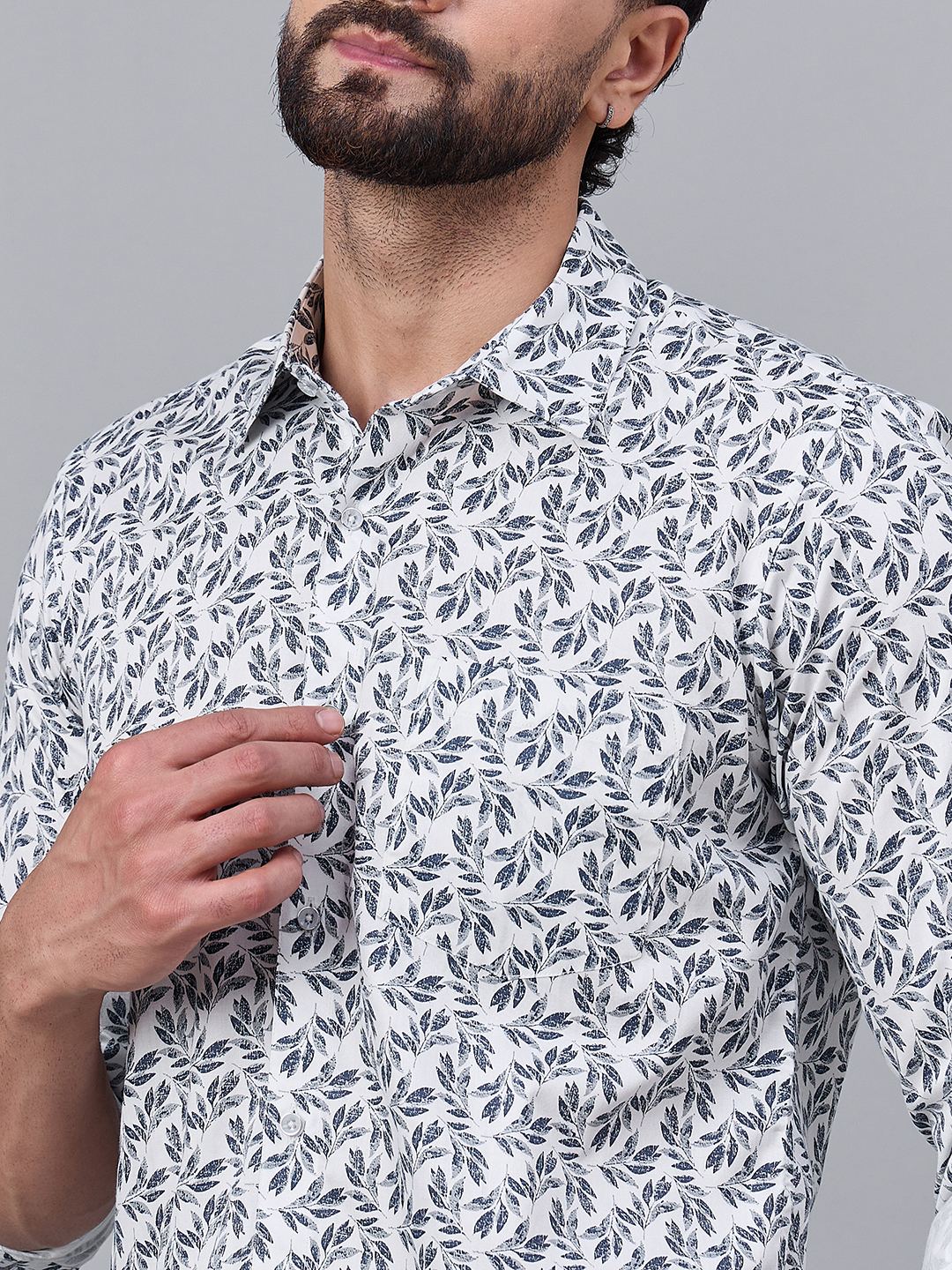 Men White Cotton Navy Leaf Printed shirt