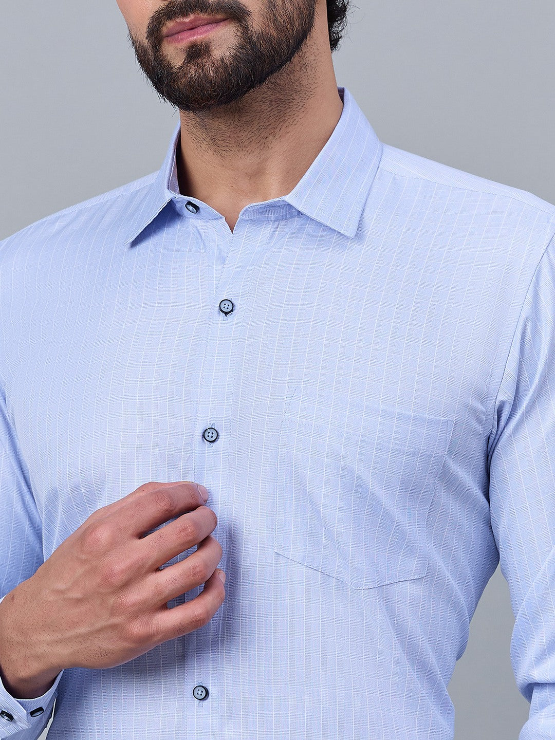 Light Blue Fine Check Formal Cotton Shirt for Men