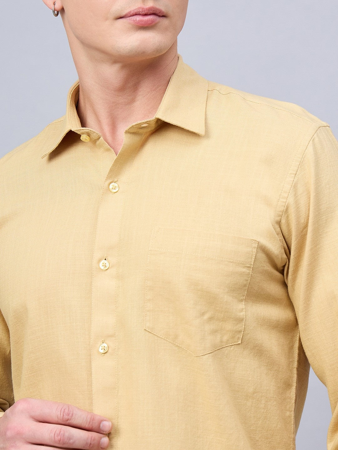 Men Mustard Beige Slub Cotton Shirt