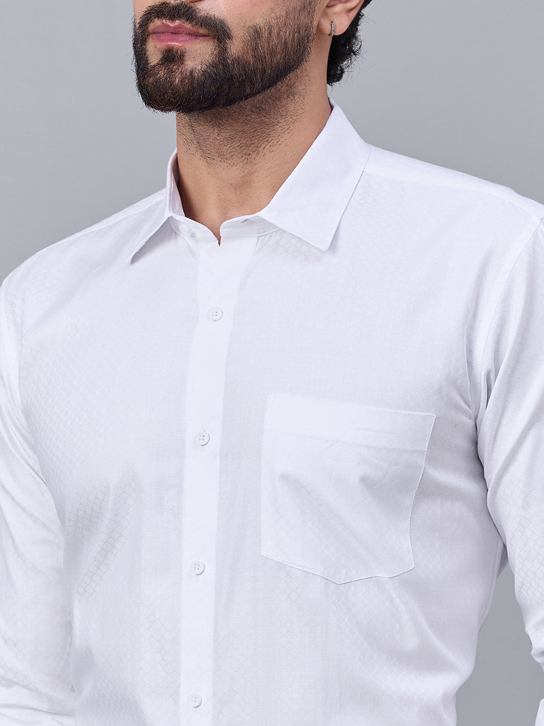 Men Premium White Satin Subtle Geometric Self-Design Shirt