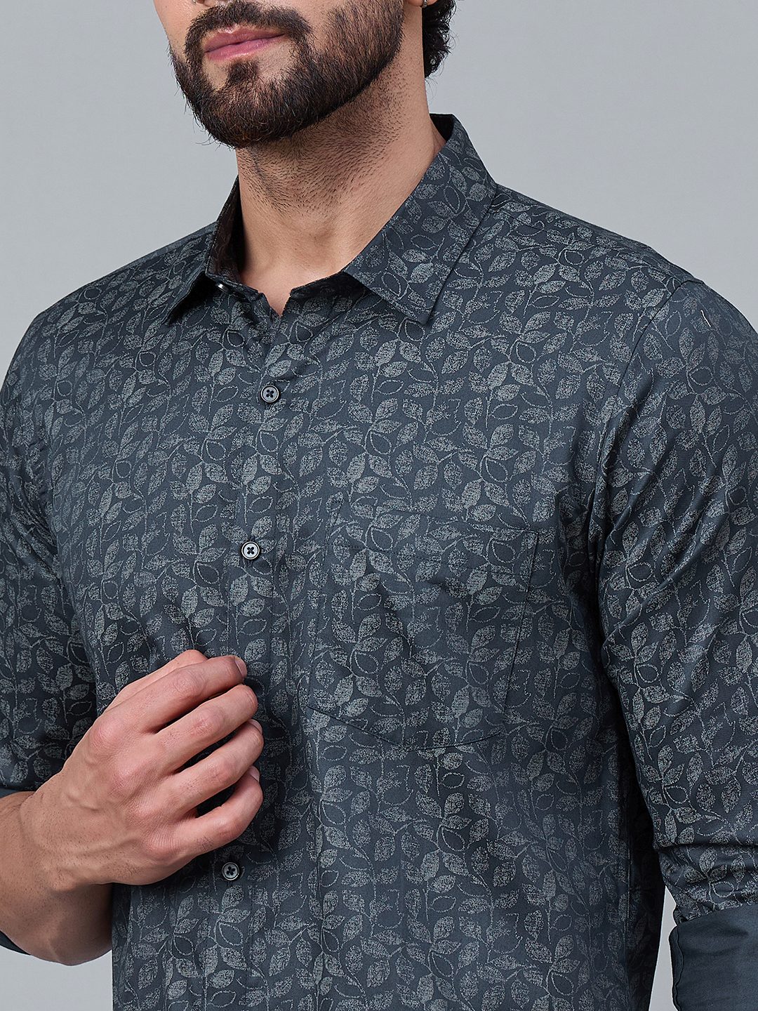 Men Slate Green Satin Shirt with Subtle Leaf Print