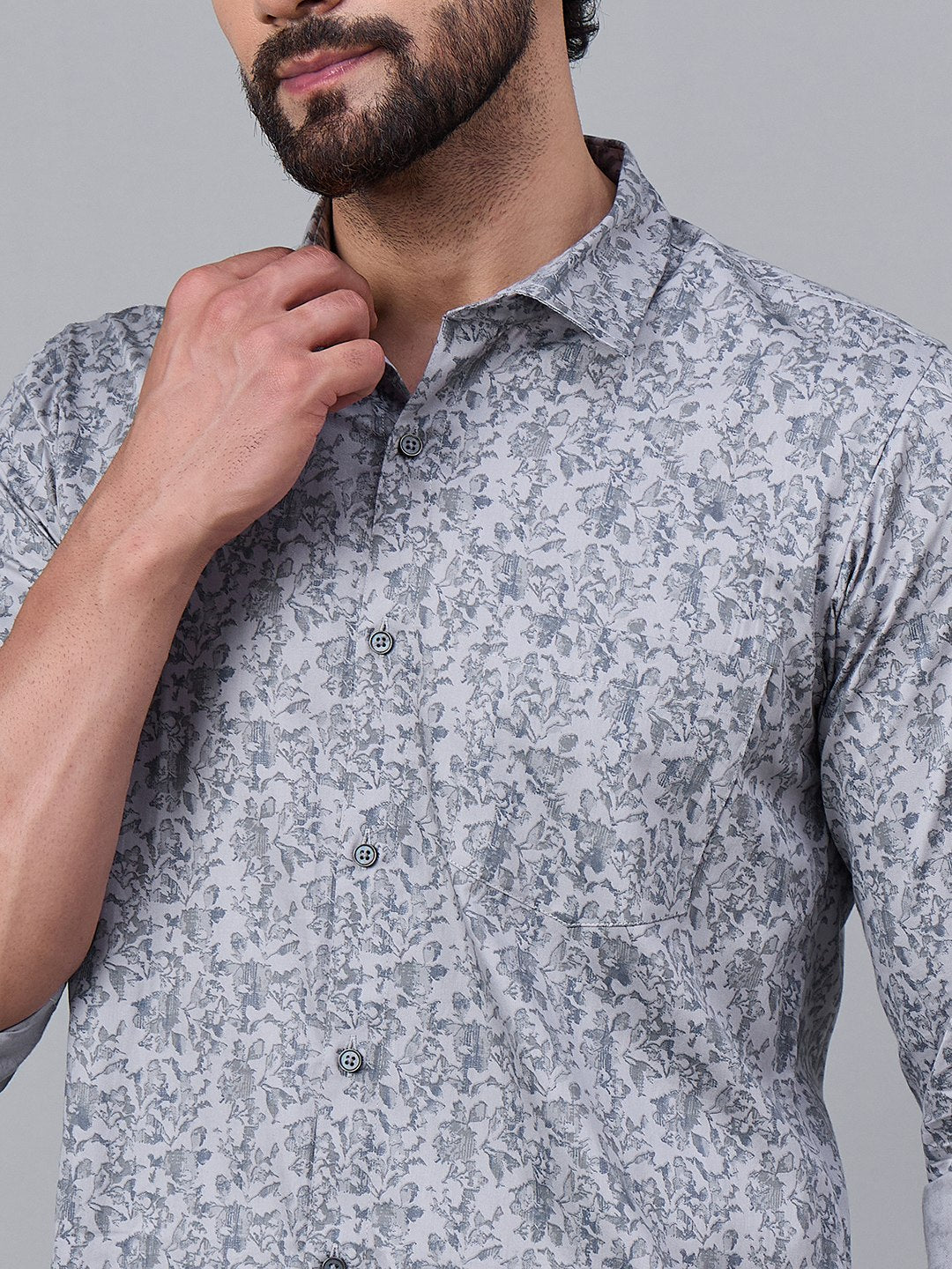 Men Grey Cotton Subtle Leafy Print Shirt
