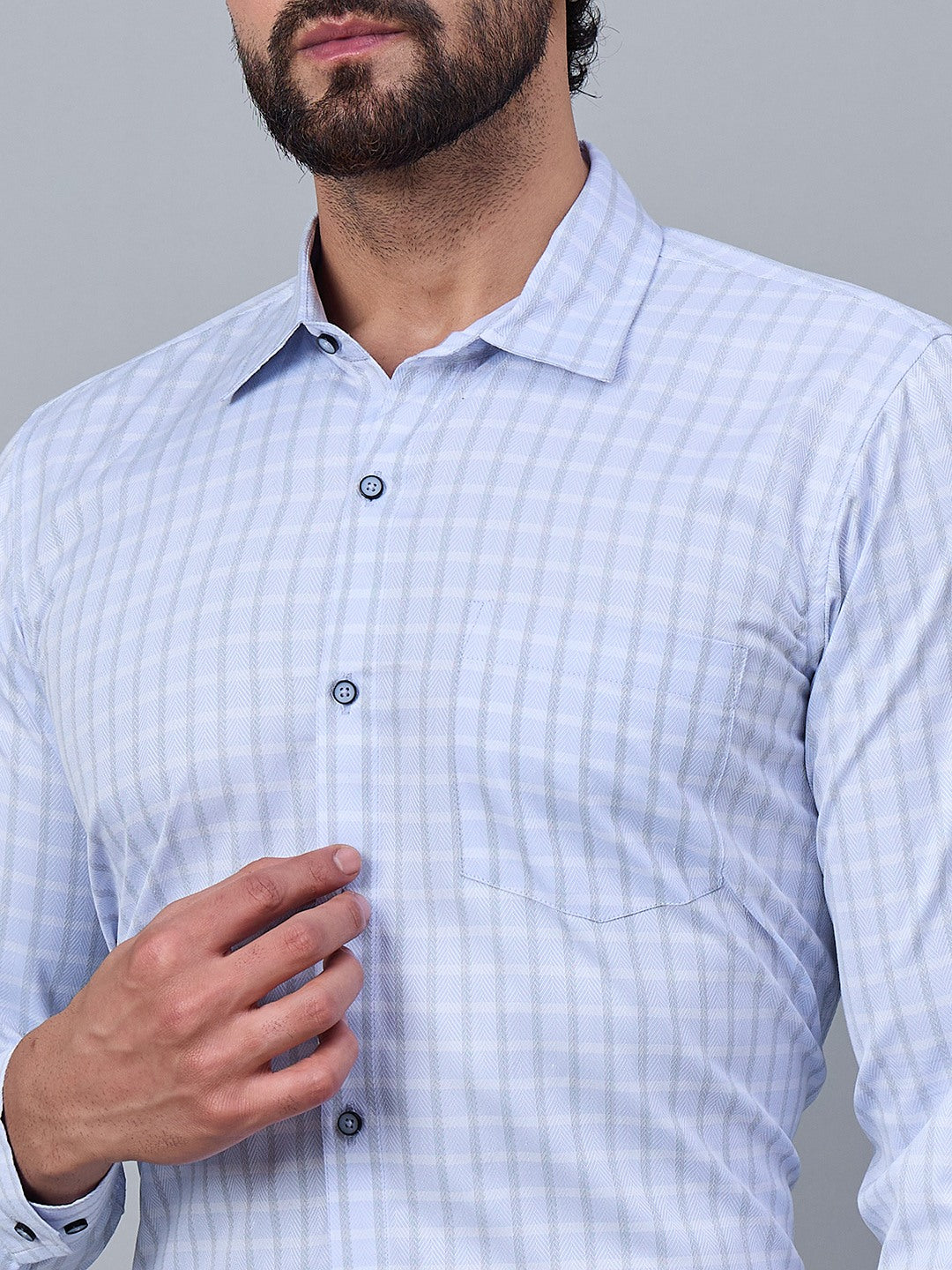 Men Sky Blue Micro-Checkered Cotton Shirt