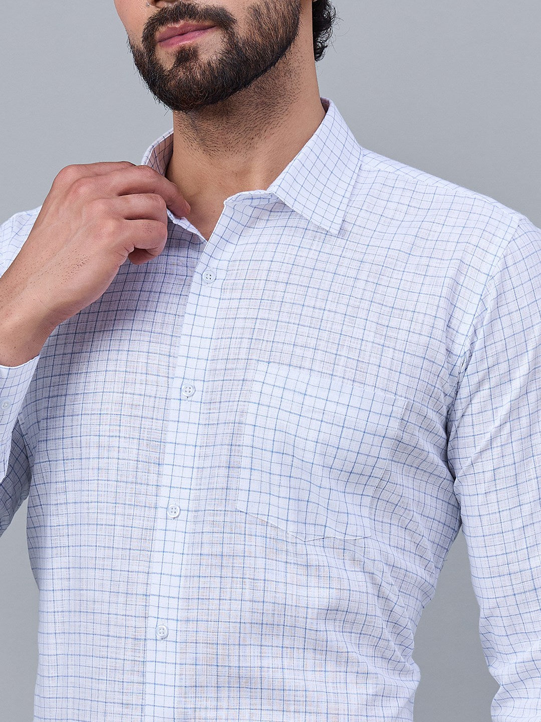 Classic White Slub Cotton Shirt with Blue Checks