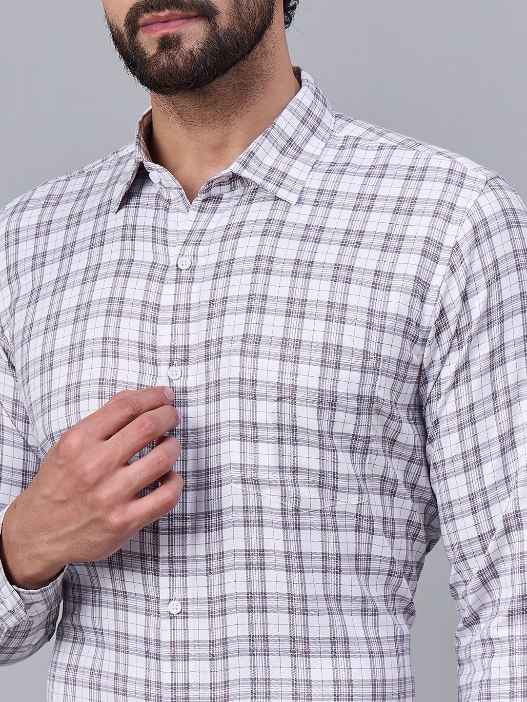 Mens Elegant White and Brown Checkered Shirt