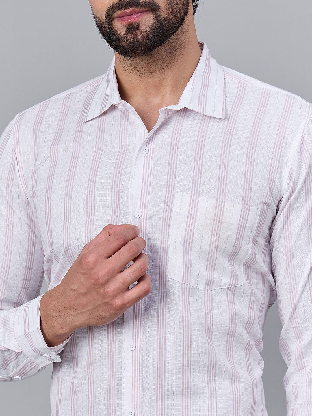 Men Elegant White &amp; Pink Vertical Striped Slub Cotton Shirt