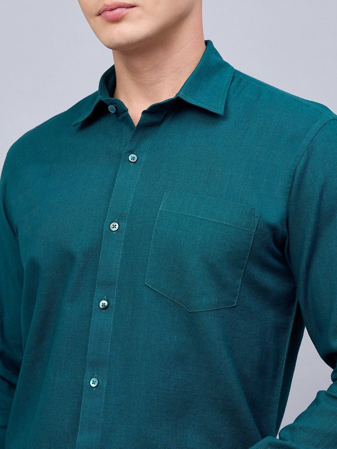 Men Deep Teal Slub Cotton Shirt
