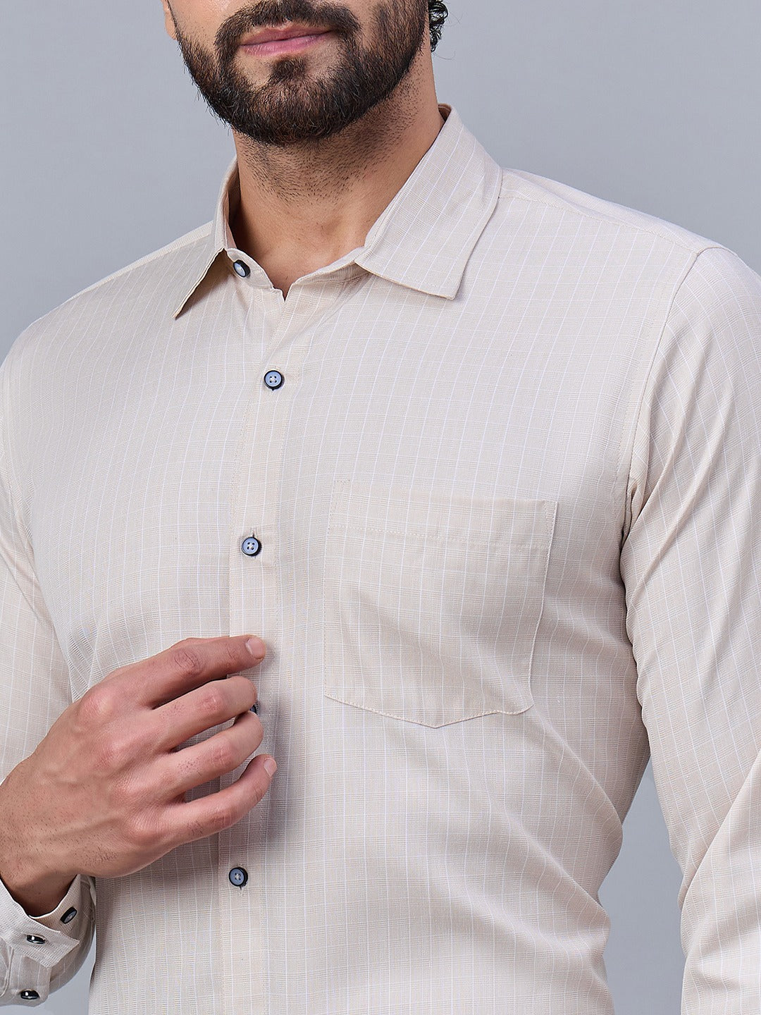 Men Beige Fine Checkered Cotton Shirt