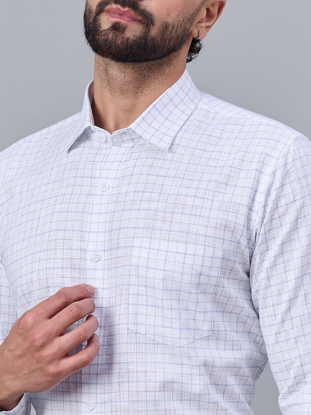 Men White and Blue Slub Checked Shirt