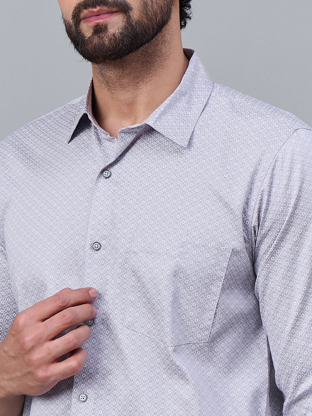 Elegant Grey Satin Printed Shirt with Geometric Pattern