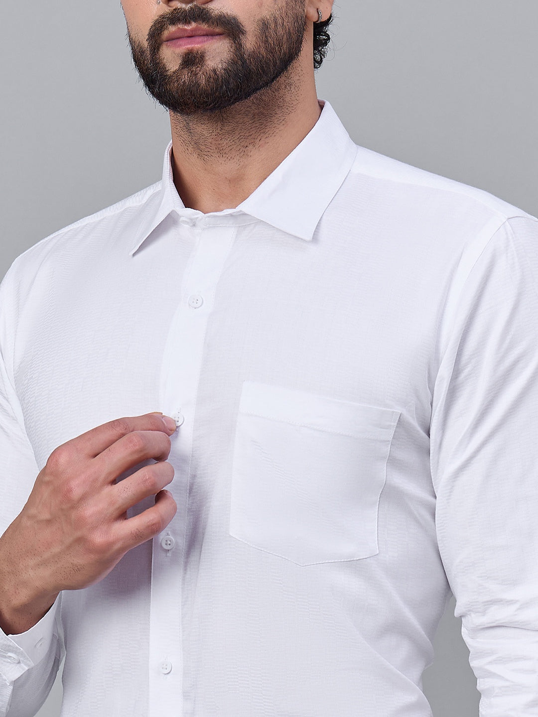 Men Classic White Textured Satin Shirt
