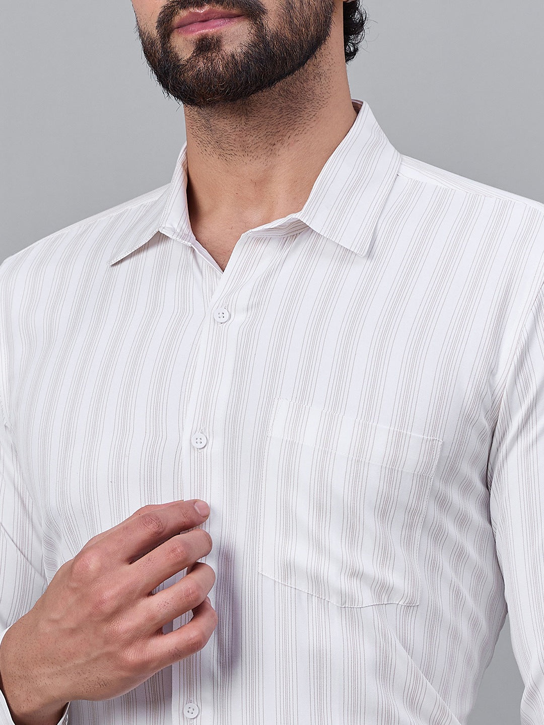 Elegant Cream And White Striped Satin Shirt for Men