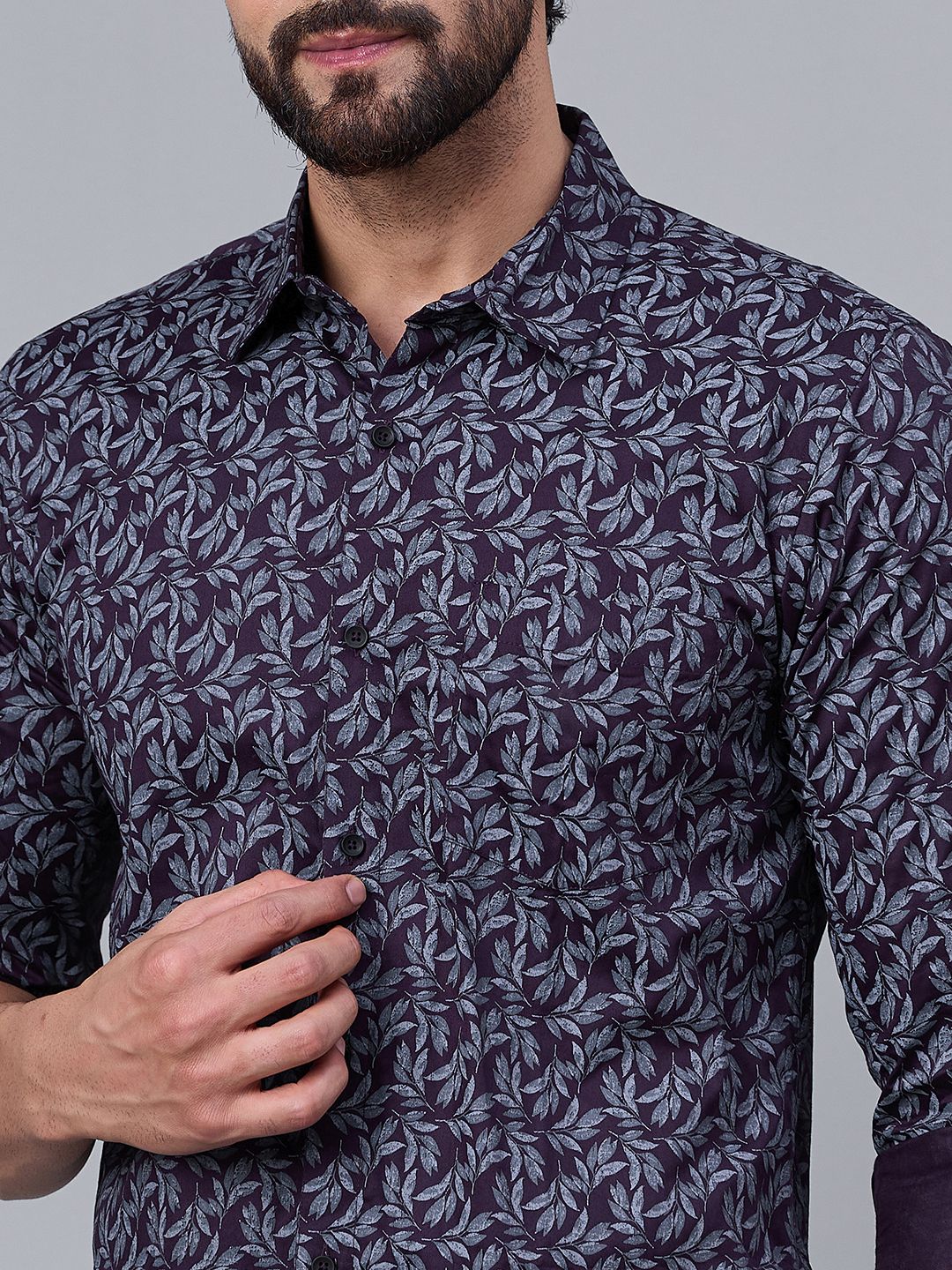 Men Deep Plum Cotton Leafy Print shirt