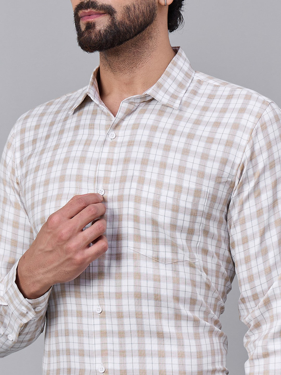 Men Beige &amp; White Soft Checkered Cotton Shirt