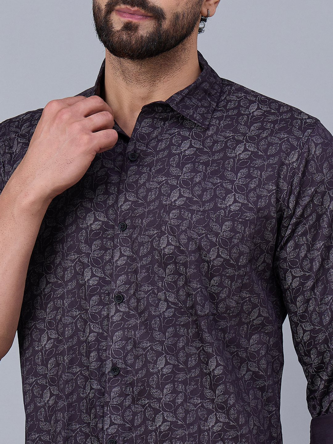 Men Deep Plum And Silver Leaf Pattern satin Shirt