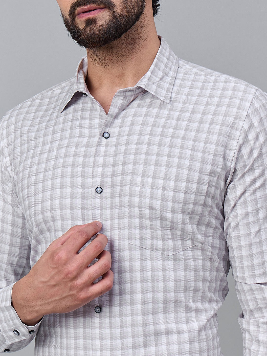 Men Light Grey and White Gingham Checked Cotton Shirt